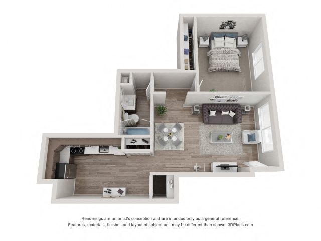 Floor plan for 1 bed, 1 bath, 755 sqft